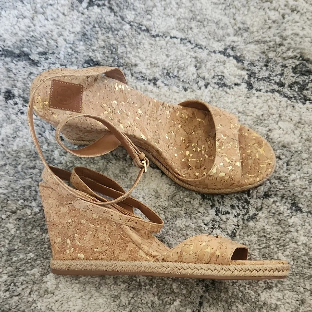 Tory Burch‎ Tan Wedge Sandals with Ankle Wrap Strap Design, Size 10